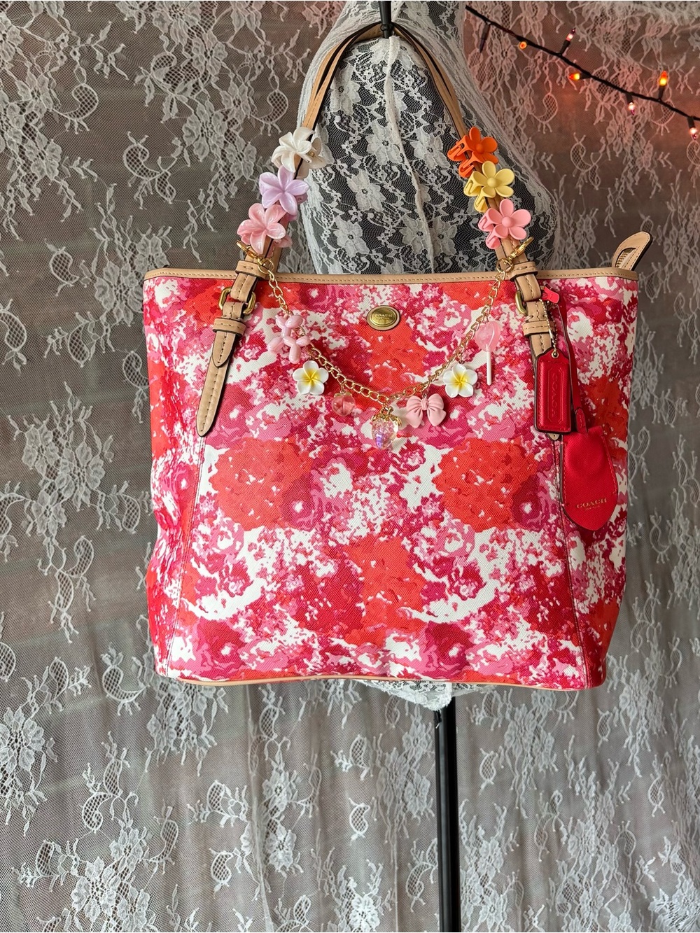 Pink Coach Rose Floral Tote Shoulder Bag with Tan Straps